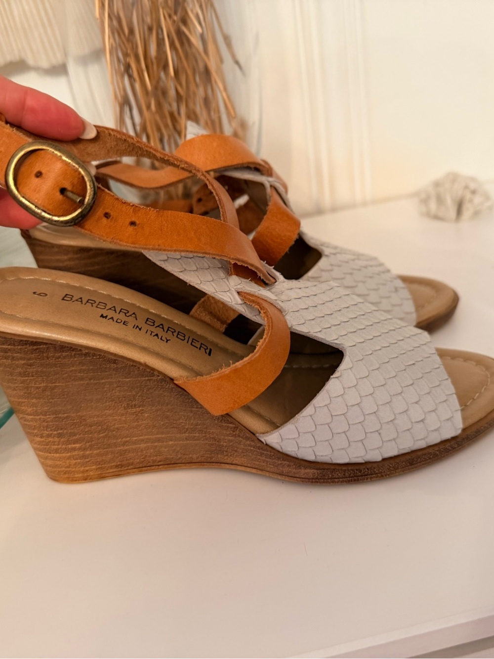Blue & Tan Wedge Sandals